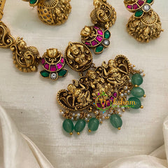 Precious Jadau Kundan Temple Short Neckpiece- Green Bead and Pearl-J978