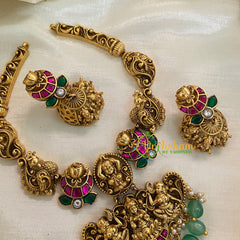 Precious Jadau Kundan Temple Short Neckpiece- Green Bead and Pearl-J978