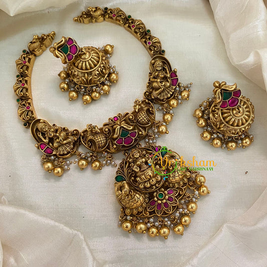 Precious Jadau Kundan Temple Short Neckpiece- Gold Bead-J987