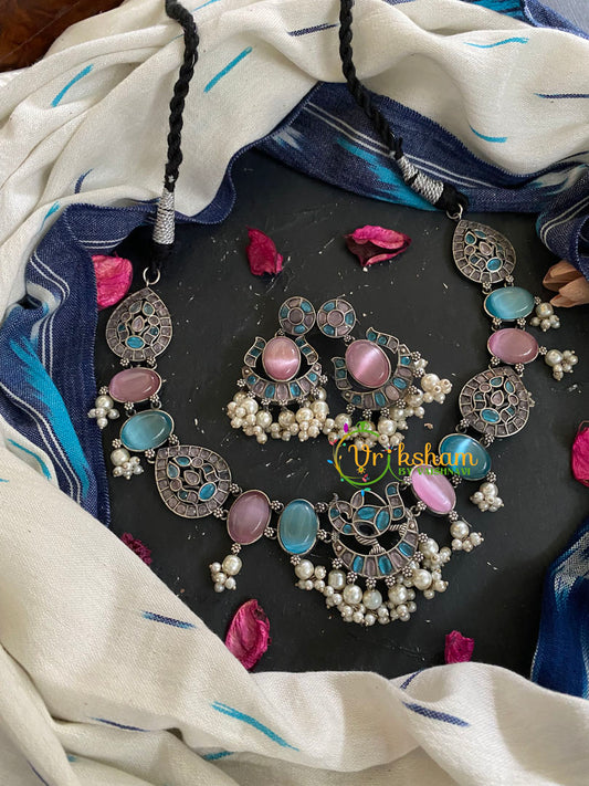 Pastel Statement Silver Neckpiece -Pastel pink and blue-S385