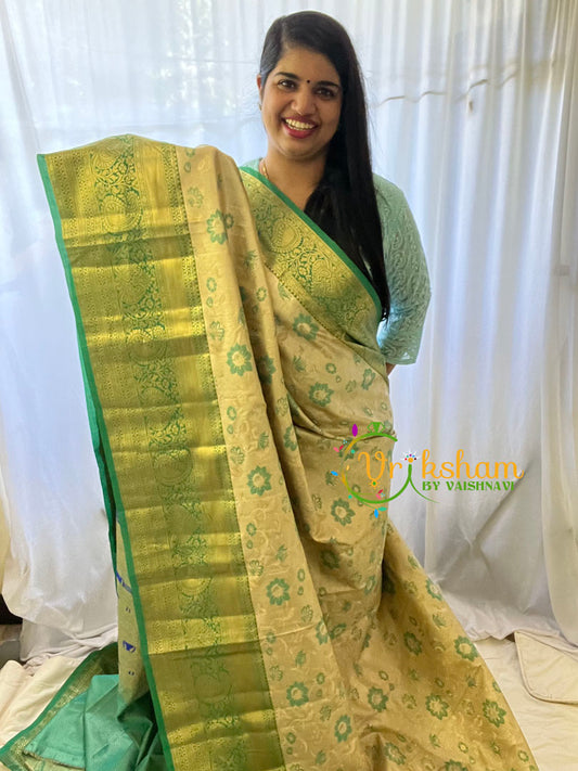 Beige and Teal Kanchi Silk Saree-VS212