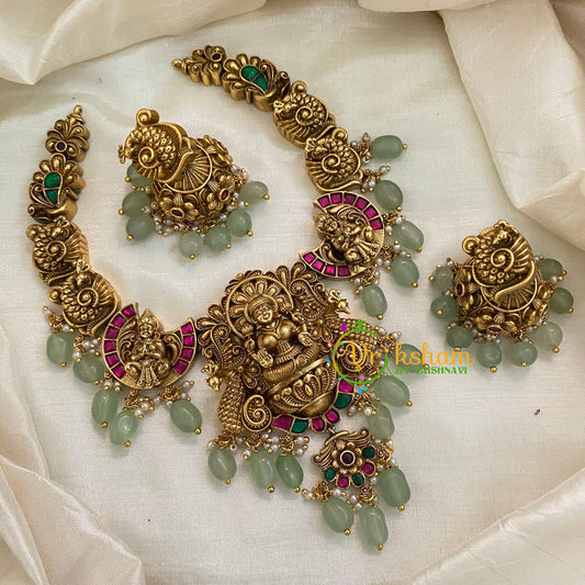 Precious Jadau Kundan Temple Short Neckpiece- Pastel Green Bead and Pearl-J977