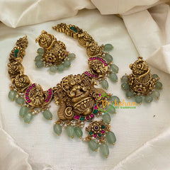 Precious Jadau Kundan Temple Short Neckpiece- Pastel Green Bead and Pearl-J977