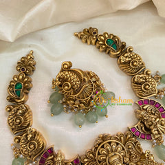 Precious Jadau Kundan Temple Short Neckpiece- Pastel Green Bead and Pearl-J977