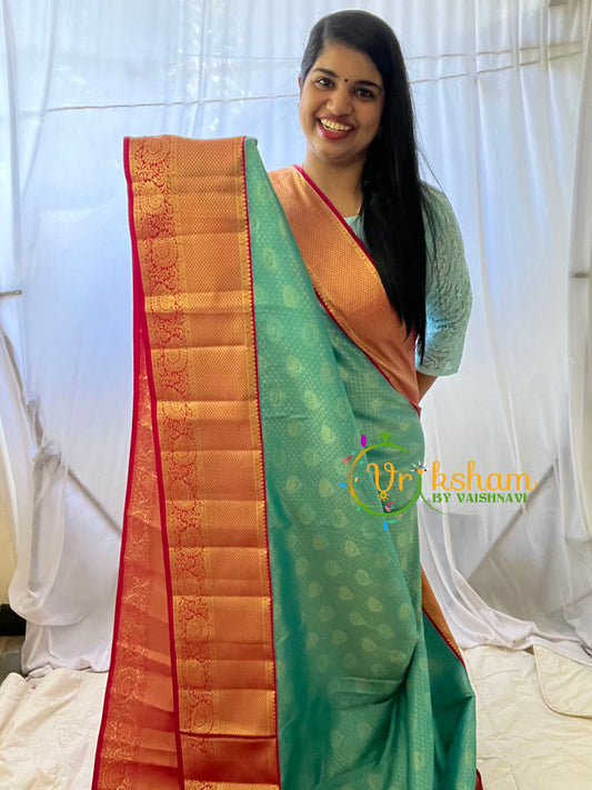 Sea Blue with Red Border Silk Saree-VS357