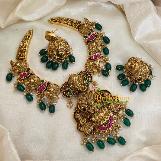 Precious Jadau Kundan Temple Short Neckpiece- Green Bead and Pearl-J976