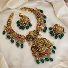 Precious Jadau Kundan Temple Short Neckpiece- Green Bead and Pearl-J976