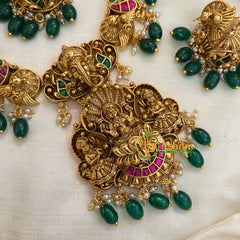 Precious Jadau Kundan Temple Short Neckpiece- Green Bead and Pearl-J976