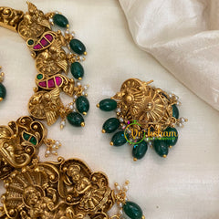 Precious Jadau Kundan Temple Short Neckpiece- Green Bead and Pearl-J976