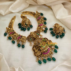 Precious Jadau Kundan Temple Short Neckpiece- Green Bead and Pearl-J976