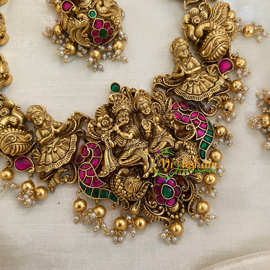 Precious Jadau Kundan Temple Short Neckpiece- Gold Bead-J980