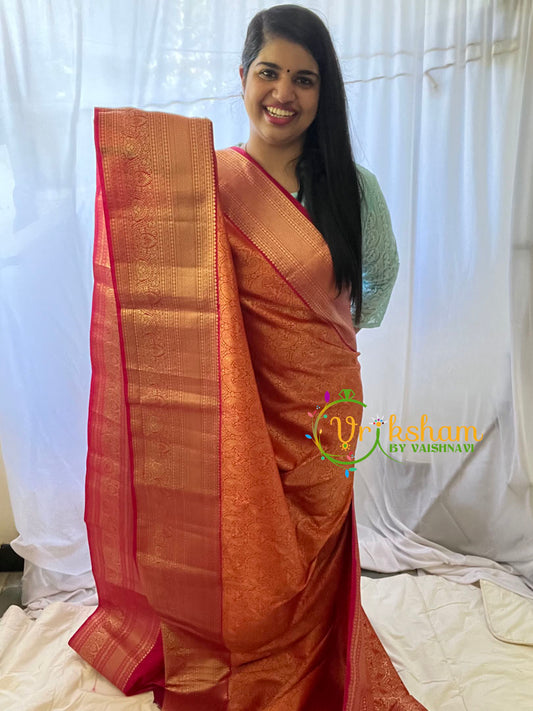 Crimson Red with Pink Silk Saree-Kanchi Silk-VS201