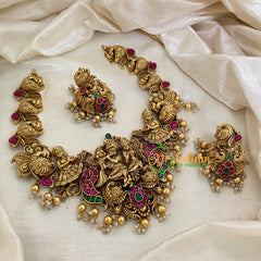 Precious Jadau Kundan Temple Short Neckpiece- Gold Bead-J980