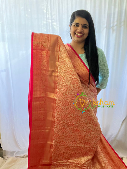 Peach with Maroon Border Silk Saree-VS352