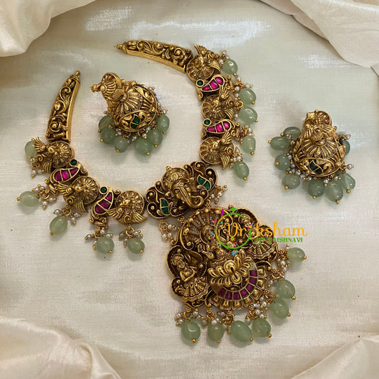 Precious Jadau Kundan Temple Short Neckpiece-Pastel Green Bead and Pearl-J975