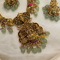 Precious Jadau Kundan Temple Short Neckpiece-Pastel Green Bead and Pearl-J975