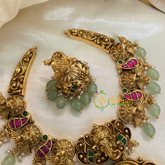 Precious Jadau Kundan Temple Short Neckpiece-Pastel Green Bead and Pearl-J975