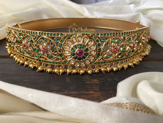 Exquisite Kundan and Kemp Hip Belt -Green with Pink -G2265