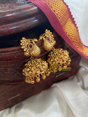 AD Stone Peacock Jhumkas-Red Green-G5153