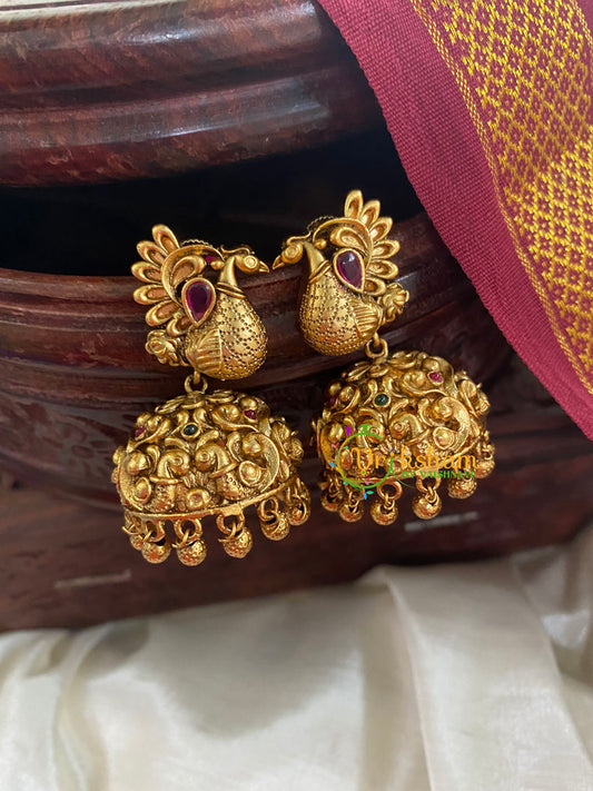 AD Stone Peacock Jhumkas-Red Green-G5153