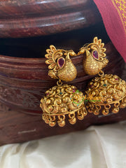 AD Stone Peacock Jhumkas-Red Green-G5153