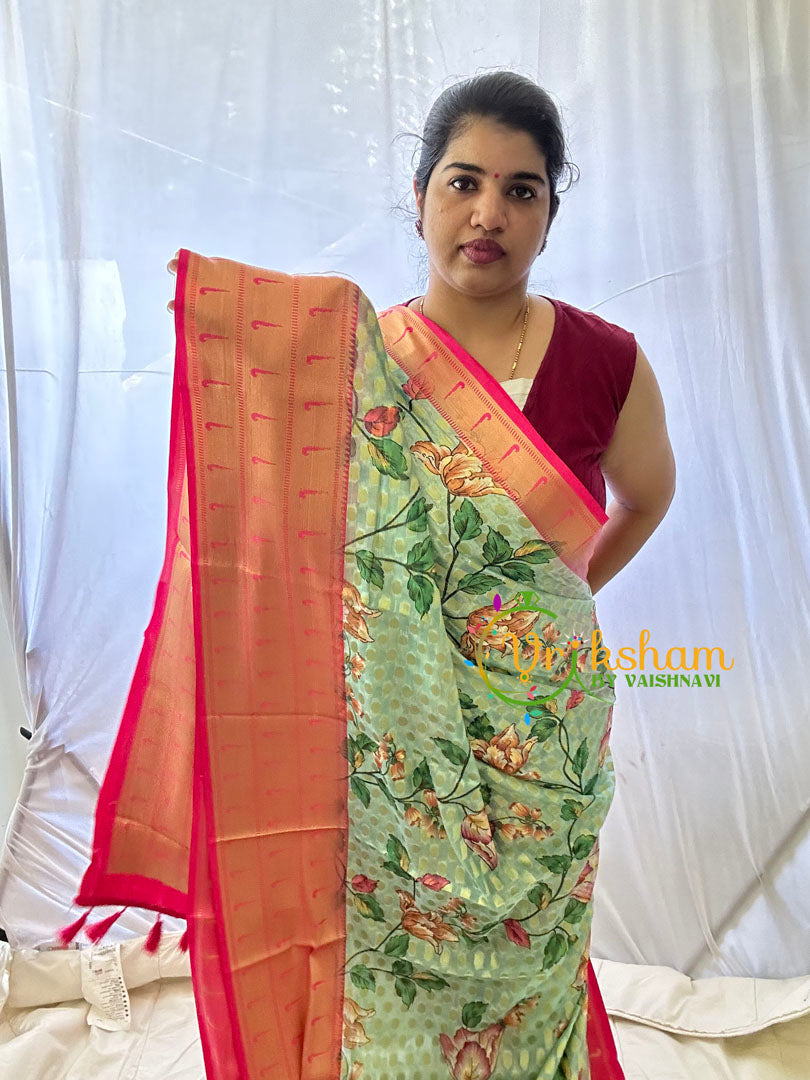 Light Sea Green Kalamkari Saree -Semi Soft Silk Saree -VS886