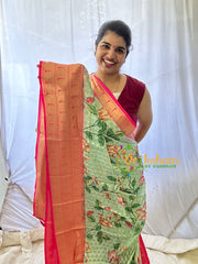 Light Sea Green Kalamkari Saree -Semi Soft Silk Saree -VS886