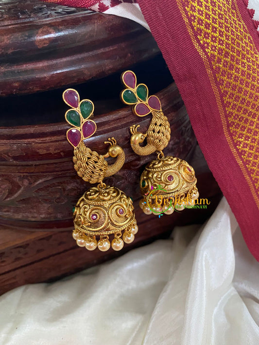 AD Stone Peacock Jhumkas-Red Green-G5157