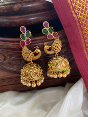 AD Stone Peacock Jhumkas-Red Green-G5157