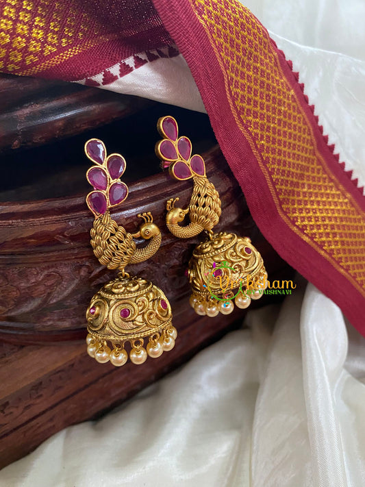 AD Stone Peacock Jhumkas-Red G5156