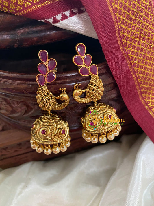 AD Stone Peacock Jhumkas-Red G5156