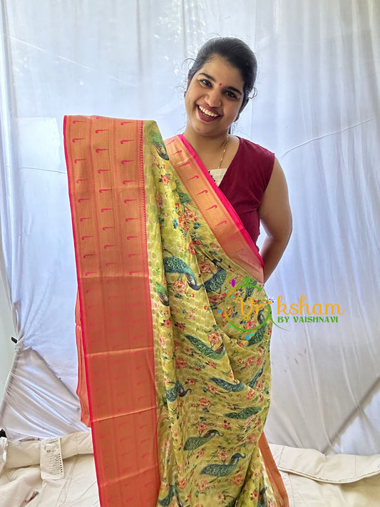 Light Yellow Kalamkari Saree -Semi Soft Silk Saree-VS887