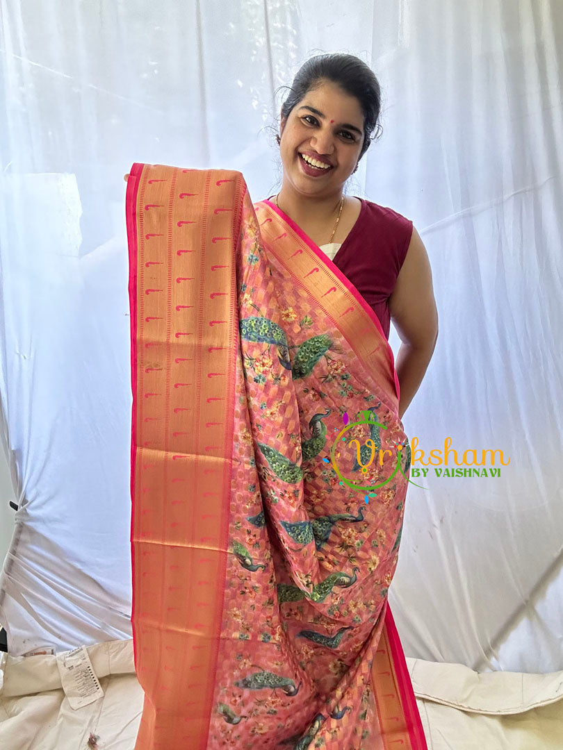 Light Pink Kalamkari Saree -Semi Soft Silk Saree -VS874