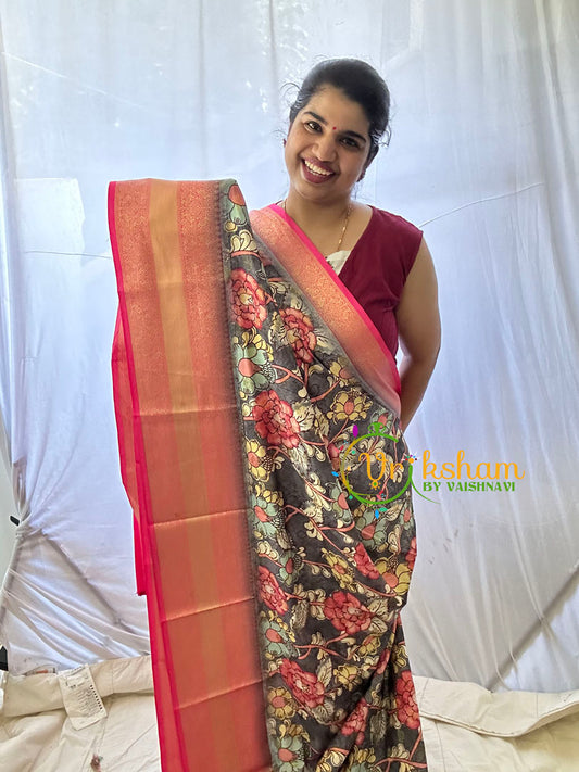 Grey Kalamkari Saree -Semi Soft Silk Saree-VS871