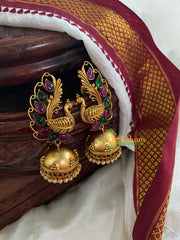 AD Stone Peacock Jhumkas -Red Green -G5099