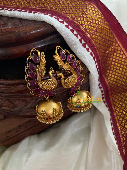 AD Stone Peacock Jhumkas -Red -G5100