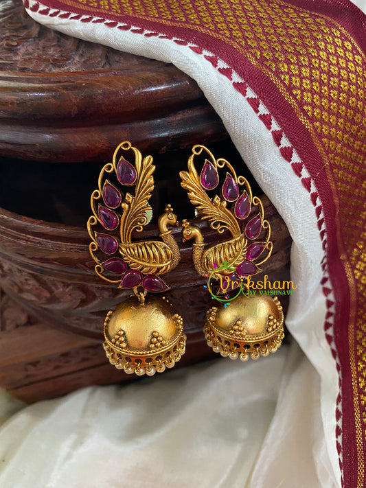 AD Stone Peacock Jhumkas -Red -G5100