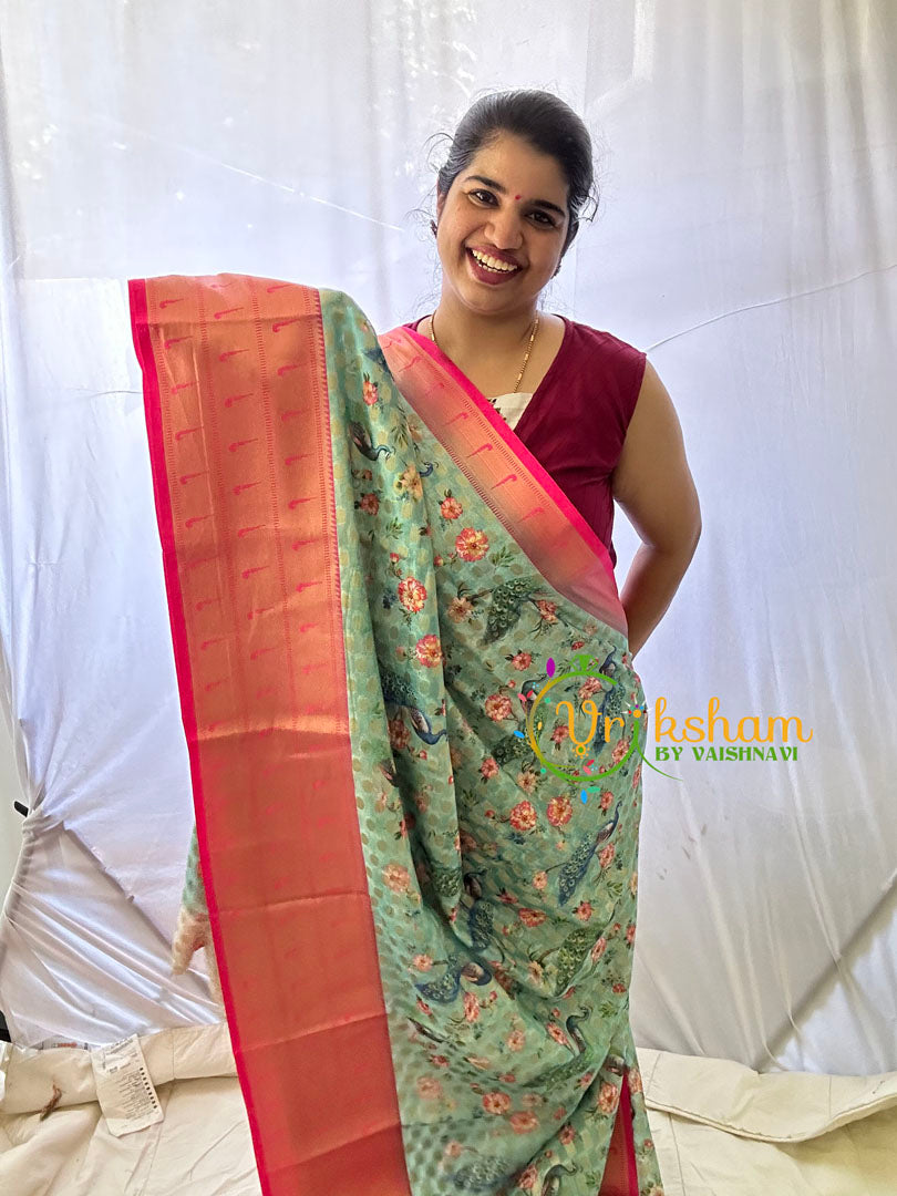 Green Kalamkari Saree -Semi Soft Silk Saree -VS875