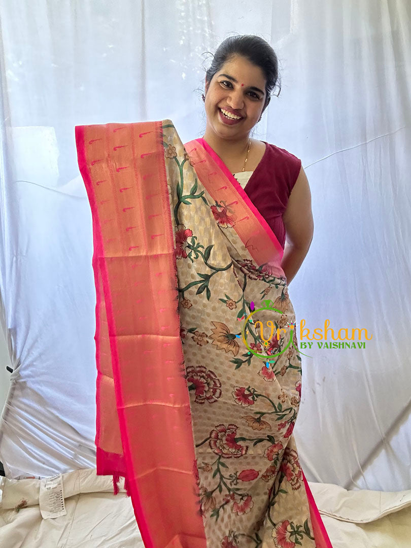 Beige Kalamkari Saree -Semi Soft Silk Saree -VS890