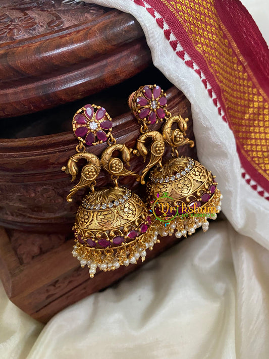 Premium AD Stone Peacock Jhumkas-Red-G5147