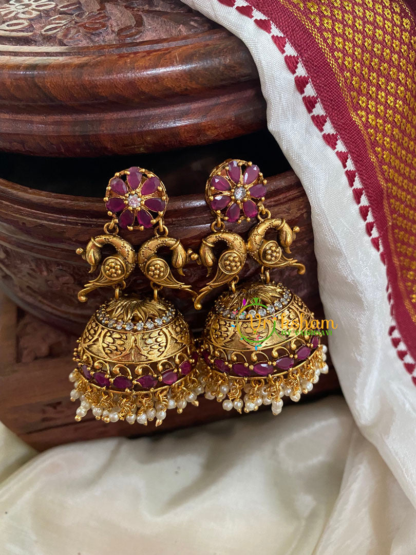 Premium AD Stone Peacock Jhumkas-Red-G5147