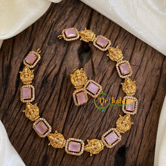 Designer Stone Lakshmi Short Neckpiece-Pastel Pink-G015