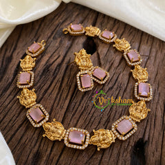 Designer Stone Lakshmi Short Neckpiece-Pastel Pink-G015