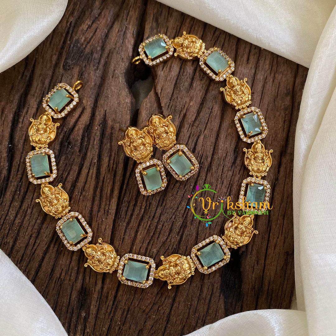 Designer Stone Lakshmi Short Neckpiece-Pastel Aqua Green-G018