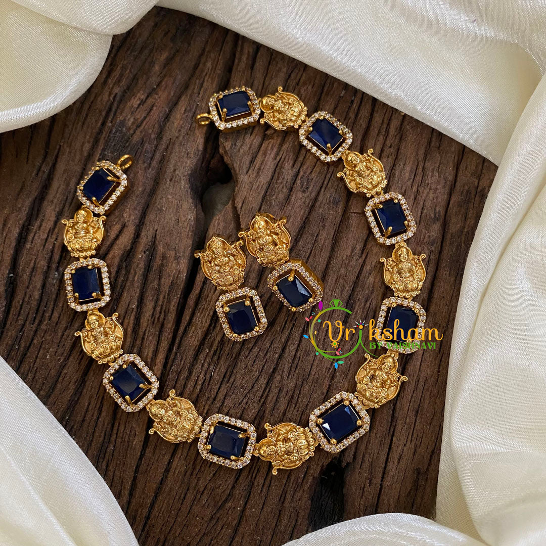 Designer Stone Lakshmi Short Neckpiece-Blue-G016