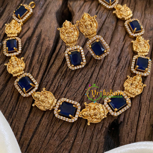 Designer Stone Lakshmi Short Neckpiece-Blue-G016