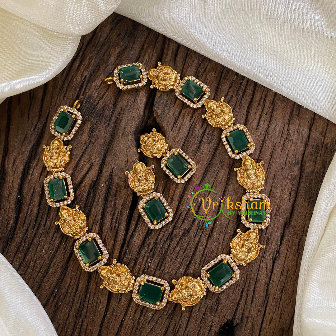 Designer Stone Lakshmi Short Neckpiece-Green-G019