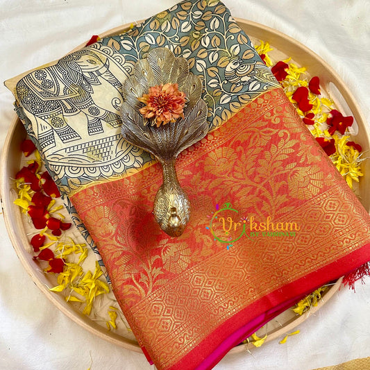 Grey with Red Kalamkari Soft Silk Saree -VS3167