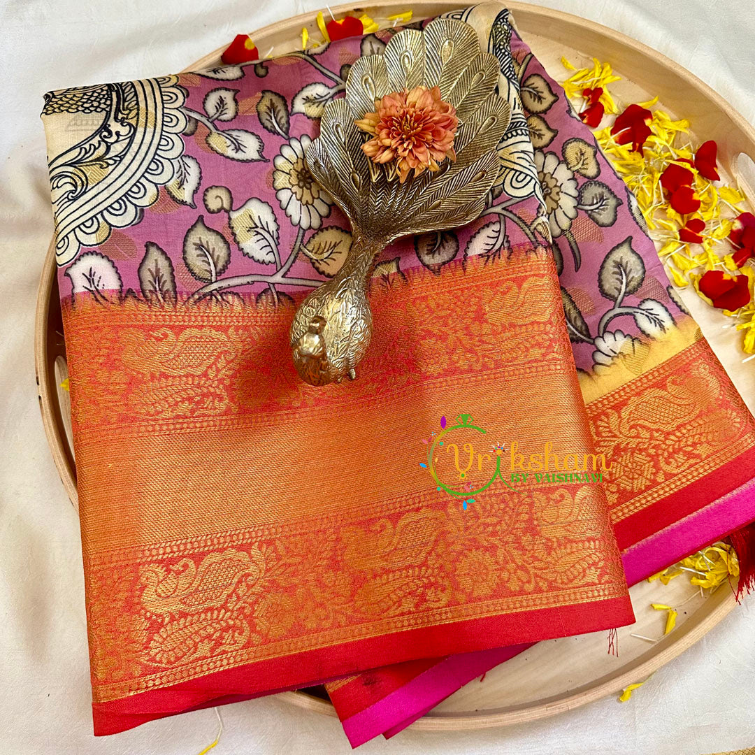 Mauve Pink with Red Kalamkari Soft Silk Saree -VS3168