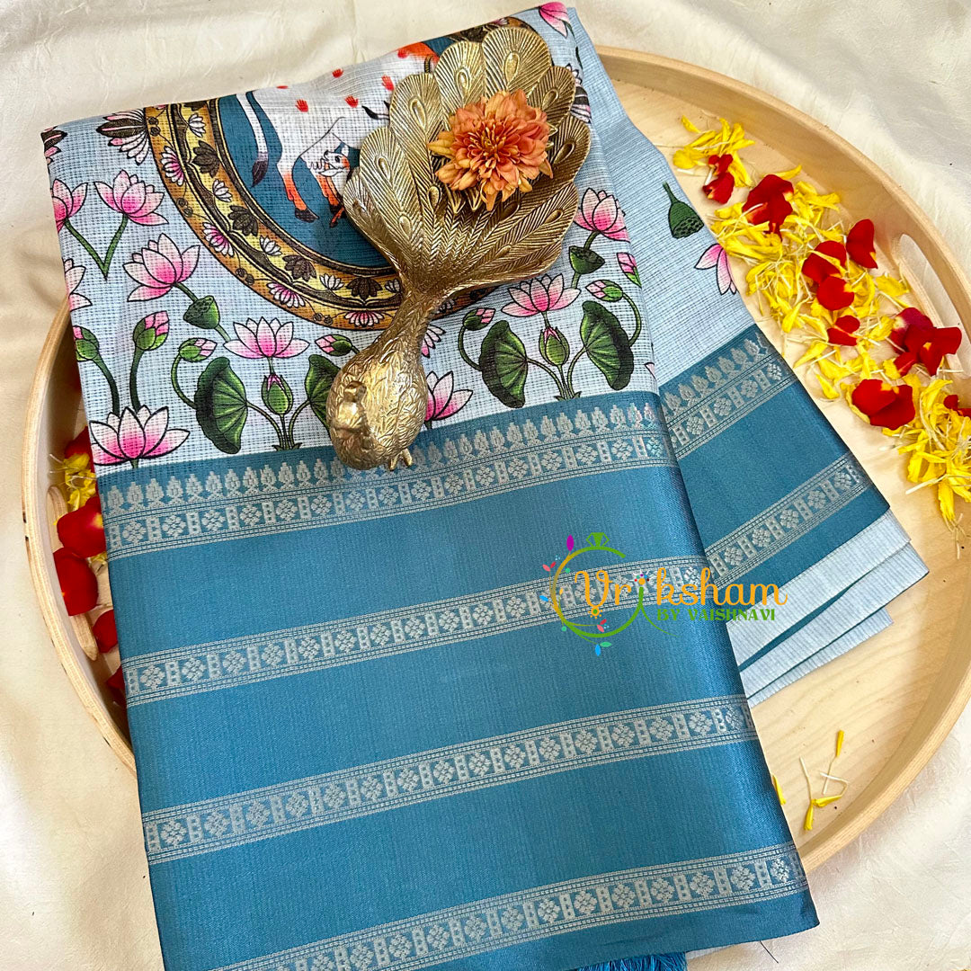 Ramar Blue Pichwai Kalamkari Semi Tussar Saree-VS3153